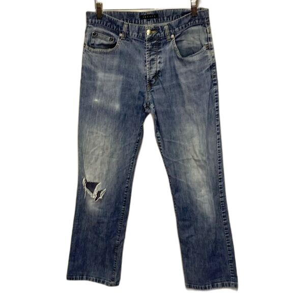 Theory Blue Medium Wash Mid-rise Distressed Ripped Straight Leg Jeans Size 32 - Picture 2 of 13